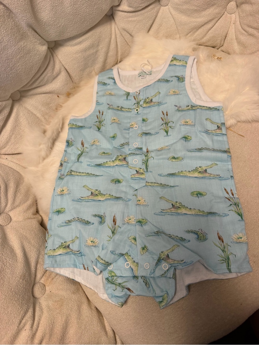 Baby Sleeveless One-Piece Bodysuit in Light Blue with Alligator Print